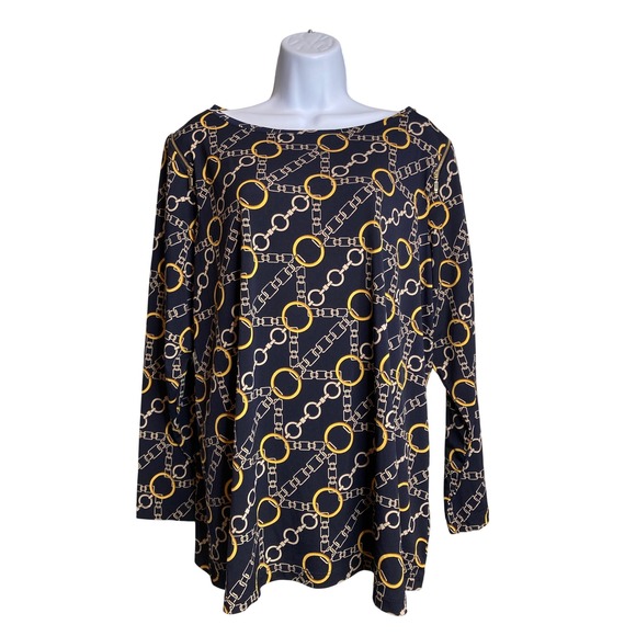 Susan Graver Liquid Knit Long Sleeve Top Size 1X Gold Chain Print Old Money - Picture 1 of 10